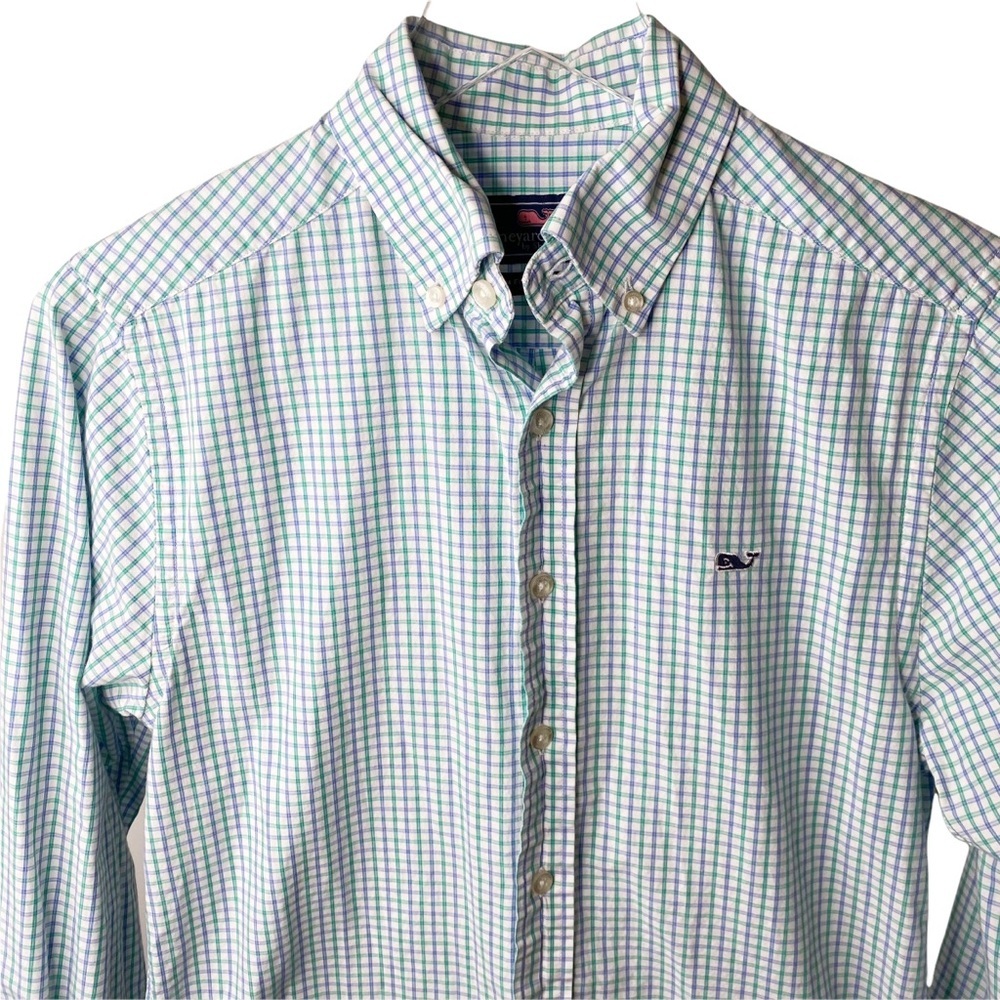 Vineyard Vines Blue Green Gingham Slim Fit Whale Button Down Shirt XS